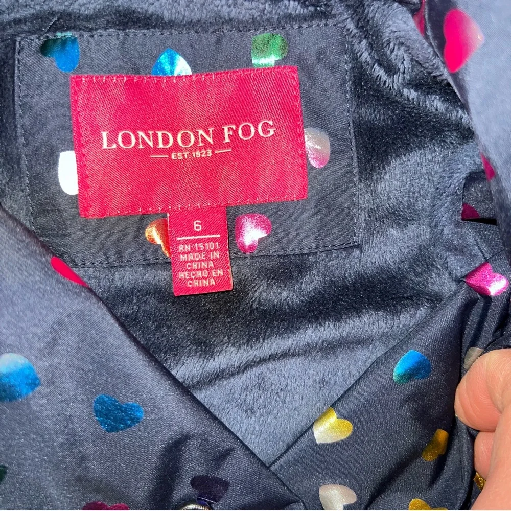 London Fog Girls Navy Jacket with Multicolor Heart Print